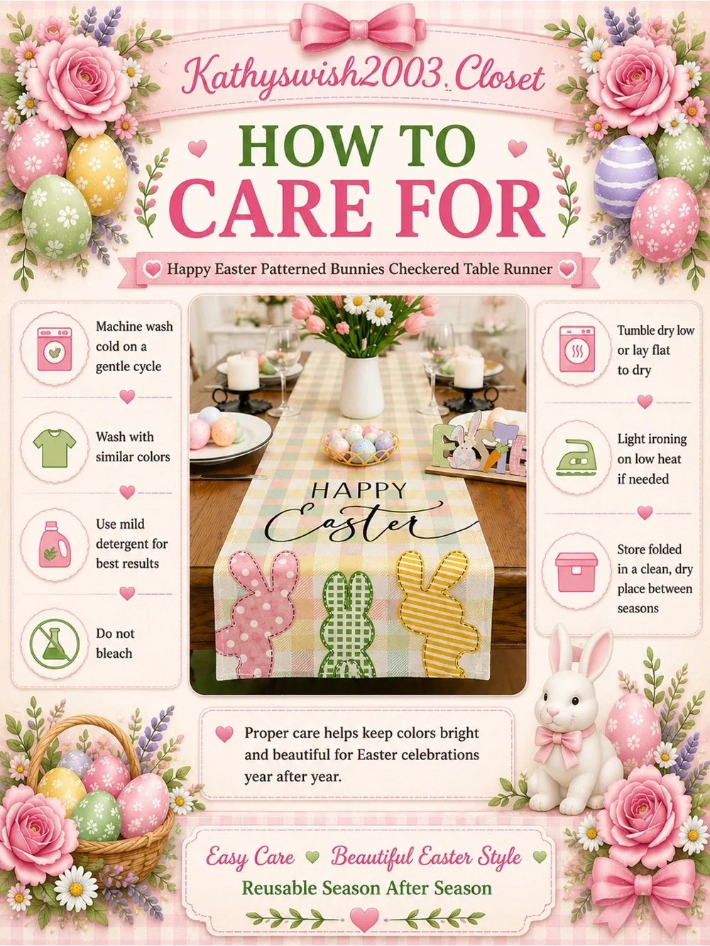 Happy Easter Patterned Bunnies Checkered Table Runner